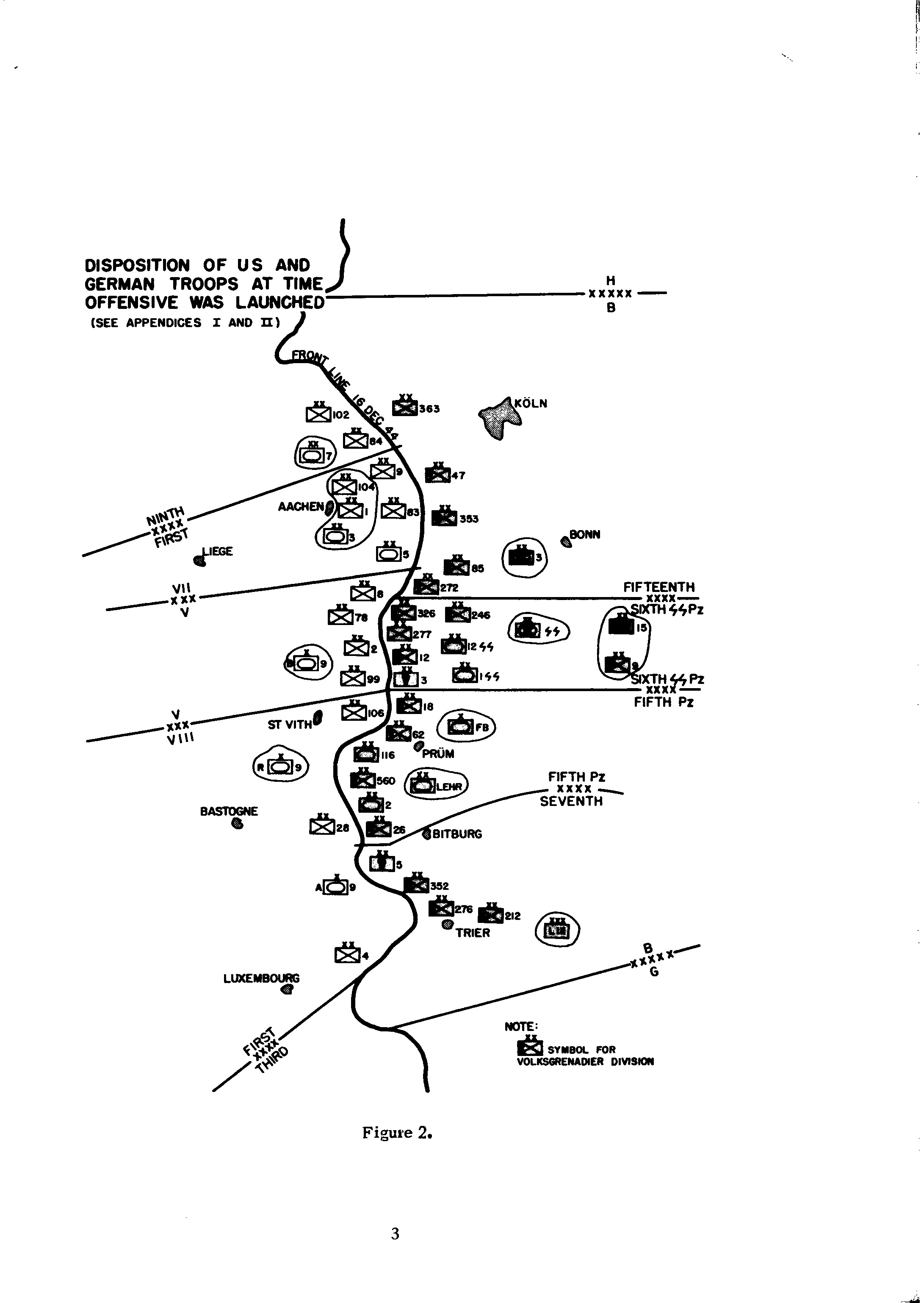Disposition of US and German troops at time offensive was launched, 16 December 1944